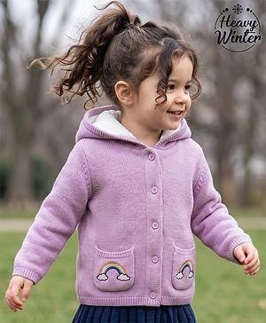 Babyhug Knit Hooded Full Sleeves Sweater With Rainbow Embroidery - Lavender