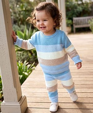 Babyhug Knit Full Sleeves Sweater Set with Striped Print in Blue