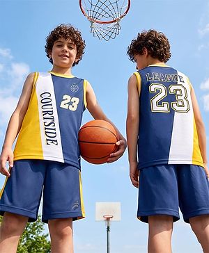Pine Active Cotton Knit Sleeveless T-shirt & Shorts Set With Text Print - Blue
