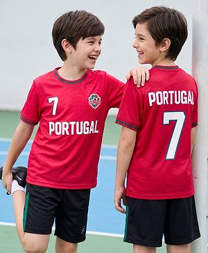 Pine Active Cotton Knit Half Sleeves T-Shirt & Shorts Set With Text Print - Red