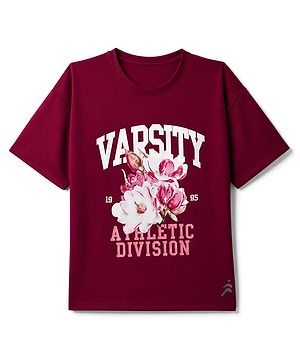 Pine Active Knit Half Sleeves T-Shirt with Floral & Varsity Print -  Maroon