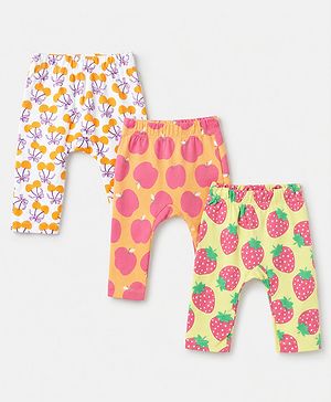 Babyhug 100% Cotton Knit Full Length Diaper Legging With Tropical Theme Print Pack Of 3 - Orange Yellow & Purple