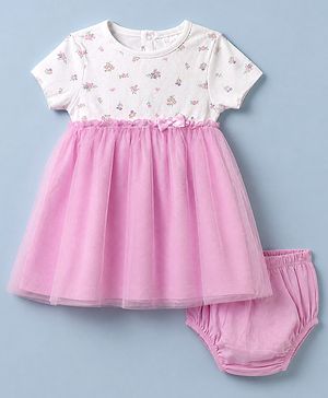 Babyhug Mesh Knit Frock with Bloomer with Half Sleeves and Floral Print in Pink for New born