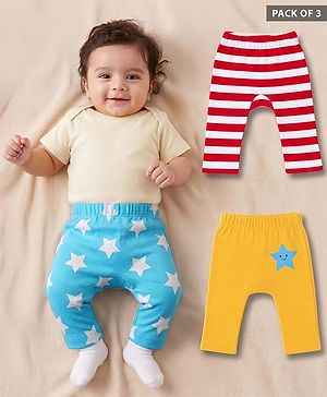 Babyhug 100% Cotton Knit Full Length Diaper Leggings With Stripe & Star Print Pack Of 3 - Yellow Red & Light Blue