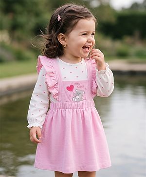 Babyhug Cotton Knit Frock with Inner Tee with Full Sleeves and Bear Patch & Text Embroidery in Pink