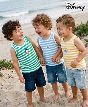 Babyhug Disney Interlock Knit Sleeveless Striped Vest with Mickey and Friends Graphics Pack of 3- Peach & Green