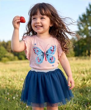 Babyhug 100% Cotton Single Jersey Knit Sleeveless Butterfly Printed & Sequinned Top & Skirt Set - Peach & Navy Blue