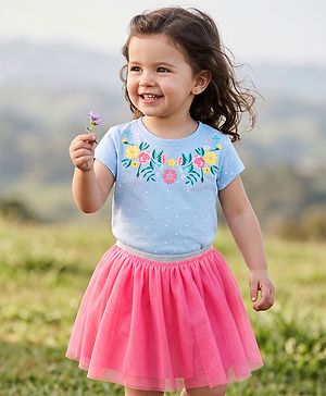 Babyhug Single Jersey Knit Half Sleeves Top & Skirt Set Floral Print - Pink & Blue