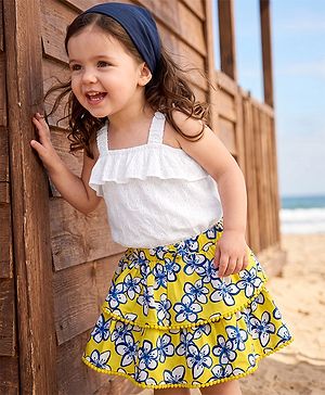 Babyhug Single Jersey Knit Sleeveless Schiffli Top & Pom Pom Lace Layered Skirt Set Floral Print - White & Yellow