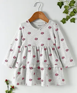 Fox Baby Full Sleeves Frock Lips Print - Grey