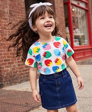 Babyhug Single Jersey Knit Half Sleeves Strawberry Printed Top & Skirt Set - White & Navy Blue
