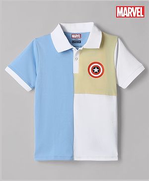 Pine Kids Marvel Cotton Knit  Polo T-Shirt with Half Sleeves and Captain America Print - Sky Blue