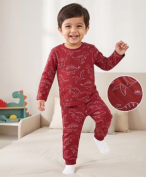Babyhug 100% Cotton Knit Full Sleeves Co-Ords T-Shirt & Pajama Night Suit With Dino Print -Maroon