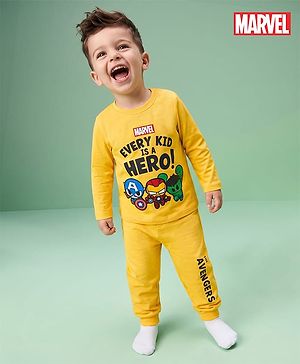 Babyhug Marvel Single Jersey Knit Full Sleeve T-shirt & Pyjama Night Suit With Avengers Graphic & Text Print - Yellow