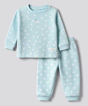 Bonfino 100% Cotton Waffle Knit Full Sleeves T-Shirt & Pajama Night Suit with Polka Dots Print & Cherry Embroidery - Light Blue