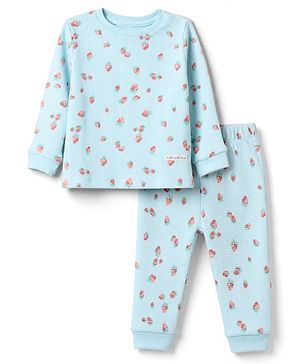 Bonfino 100% Cotton Single Jersey Knit Full Sleeves Co-Ords T-Shirt & Pyjama Night Suit with Strawberry Print - Sky Blue