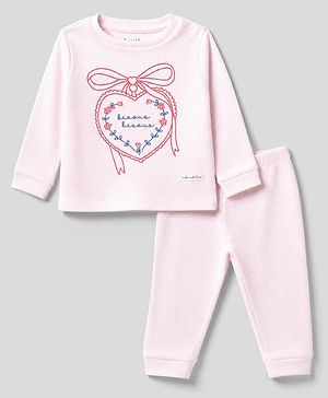 Bonfino 100% Cotton Knit Full Sleeves T-Shirt & Pyjama Night Suit with Heart & Bow Print - Pink