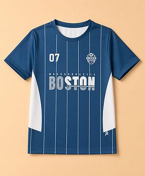 Pine Active Knit Half Sleeves T-Shirt With Stripes & Text Print - Blue