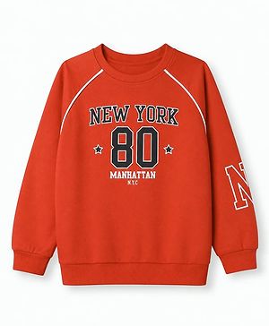 Babyhug Cotton Knit Full Raglan Sleeves Sweatshirt With Text Print - Red
