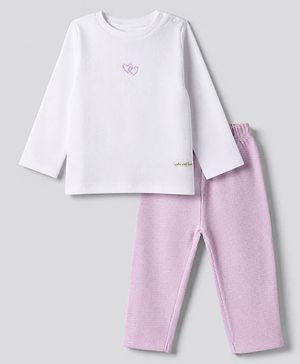 Bonfino 100% Cotton Waffle Knit Full Sleeves T-Shirt & Pajama Night Suit with Heart Embroidery - White, Purple
