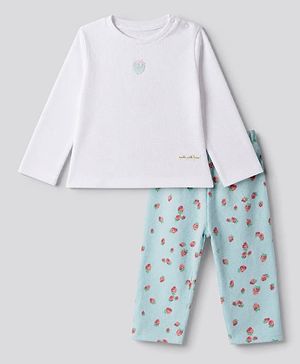 Bonfino 100% Cotton Waffle Knit Full Sleeves T-Shirt & Pajama Night Suit with Strawberry Embroidery & Made with Love Text Patch - White, Light Blue