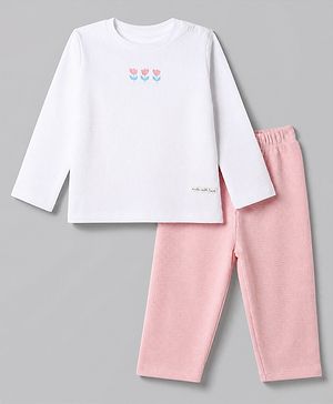 Bonfino 100% Cotton Knit Full Sleeves T-Shirt & Pyjama Night Suit with Tulip Print - White