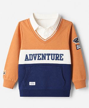 Babyhug 100% Cotton Heavy Gauge Knit Front Open Sweatshirt with Full Sleeves and Adventure Text Print in Orange