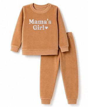 Babyhug Velour Knit Full Sleeves Text Foil Printed Winter Wear Suit - Tan