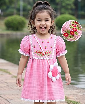 Babyhug Woven Half Sleeves Floral Embroidered & Checked Frock With Floral Applique & Lace Detailing - Pink