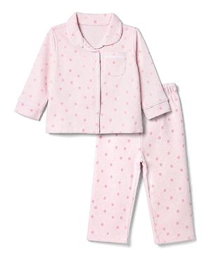 Bonfino 100% Cotton Knit Full Sleeves Co-Ords Shirt & Pyjama Night Suit with Polka Dots Print - Pink