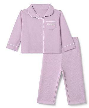 Bonfino 100% Cotton Knit Full Sleeves Co-Ords Shirt & Pyjama Night Suit - Lilac
