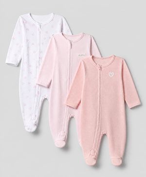 Bonfino 100% Cotton Waffle Knit Full Sleeves Sleep Suit with Heart Print & Made with Love Patch Pack of 3 - White, Light Pink, Peach