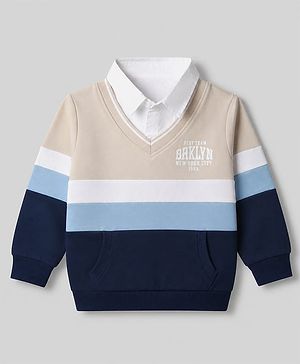 Babyhug 100% Cotton Knit Full Sleeves Sweatshirt with Brklyn New York City Embroidery and Stripes Print - Beige