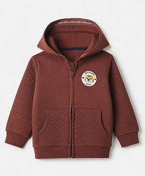 Babyhug 100% Cotton Knit Front Open Heavy Gauge Warm Quilted Full Sleeves Hooded Sweat Jacket With Tiger Patch - Brown
