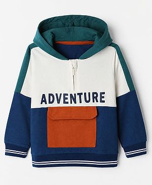 Babyhug 100% Cotton Knit Front Open Heavy Gauge Sweatshirt with Full Raglan Sleeves and Adventure Text Print - Navy Blue