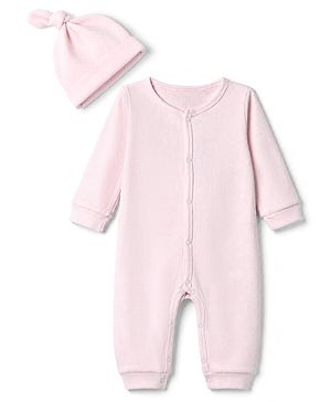 Bonfino 100% Cotton Knit Waffle Full Sleeves Romper With Cap - Pink