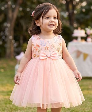 Babyhug Mesh Woven Sleeveless Butterfly & Floral Sequinned Party Frock With Bow Applique - Pink