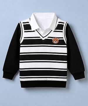 Babyhug Premium 100% Cotton Knit Sweatshirt with Full Sleeves, Bear Patch and Striped Print in Black