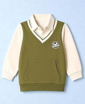 Babyhug 100% Cotton Knit Heavy Gauge Sweatshirt With Full Sleeves and Soccer Ball Print in Olive Green