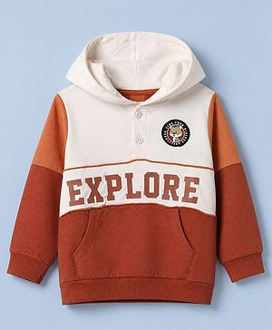 Babyhug Heavy Gauge 100% Cotton Knit Hooded Front Open Sweatshirt with Full Sleeves & Explore Text Print - White