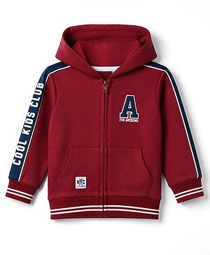 Babyhug Cotton Knit Full Sleeves Hooded Front Open Heavy Gauge Sweatshirt With a Alphabet Text Print - Maroon