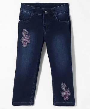 Enfance Washed Butterfly Embroidery Full Length Jeans - Blue