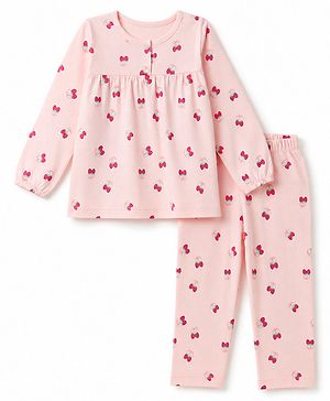 Babyhug Cotton Knit Full Sleeves Top & Pyjama Co-ords Night Suit With Strawberry Print - Pink