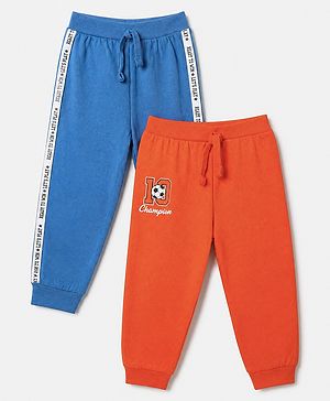 Babyhug 100% Cotton Jersey Knit Full Length Lounge Pant With Text Print Pack of 2 - Red Blue