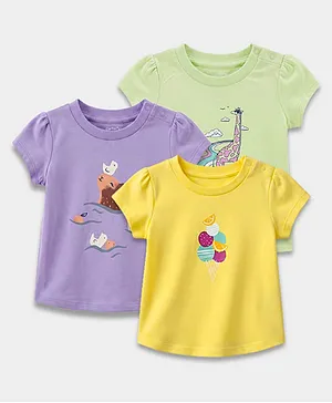Carter's Cotton Knit Half Sleeves Crew Neck Top with Animals Print Pack of 3  - Yellow Purple & Light Green