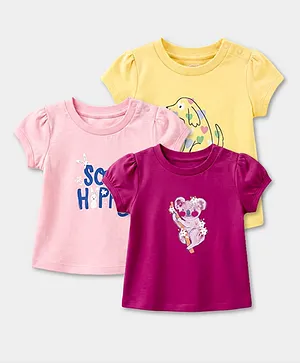 Carter's Cotton Knit Half Sleeves Tops with Puppy & Koala Print Pack of 3 -  Yellow Maroon & Pink