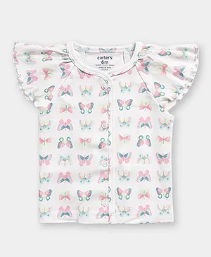 Carter's Cotton Knit Half Sleeves Front Open Top With Butterfly Print - Offwhite