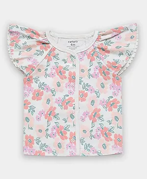 Carter's Organic Cotton Knit Half Sleeves Floral Printed Front Open Top- White