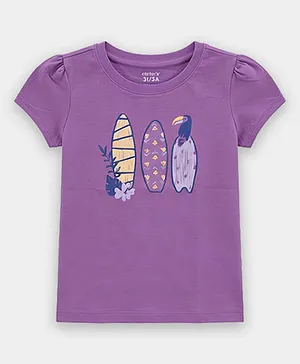 Carter's Cotton Woven Half Sleeves Crew Neck Top With Beach Print - Purple