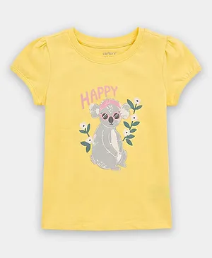 Carter's Cotton Woven Half Sleeves Crew Neck Top With Animal Print - Yellow